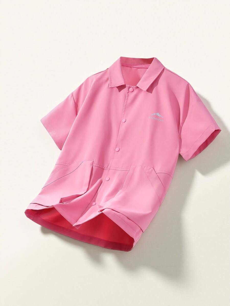 SHEIN Oversized Pocket Design Button Up Blouse For Tween Girls, Suitable For Outdoor Activities, Hiking, Casual Wear - Multicolor - View 1