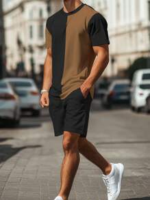 Manfinity Homme Completo casual da uomo composto da maglietta a maniche corte con scollo tondo e pantaloncini, in colori a contrasto