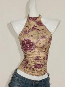 SHEIN ICON Y2K 夏季外出波西米亚西部乡村音乐会女式性感露背花卉印花挂脖上衣，夏季