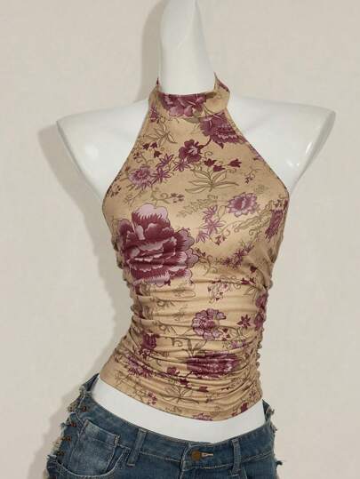 SHEIN ICON Top halter de verano con estampado floral y espalda descubierta, estilo boho, country y de salir para mujeres, inspirado en Y2K