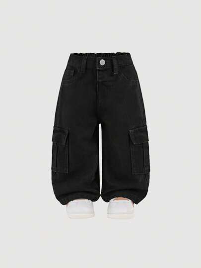 SHEIN Pantalones vaqueros sueltos con bolsillos cargo y estampado camuflaje lavado, de aspecto callejero, para bebés niños, casuales y versátiles para ropa de otoño/invierno