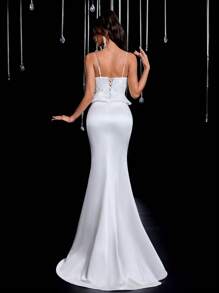 Glamrae Thân áo xếp nếp màu trắng cổ điển sang trọng với thiết kế xương cá, dây đeo chéo sau lưng có thể điều chỉnh, chân váy xếp nếp đuôi cá, phù hợp cho đám cưới, váy dạ hội và những dịp trang trọng - trắng - Xem 3
