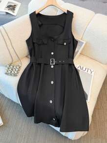 SHEIN EZwear 大码女式夏季纯色系带无袖连衣裙，配有假口袋 - 彩色 - 查看 5