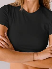 Aralina Top cropped de algodón blanco cepillado, un esencial diario clásico - Negro - Ver 4