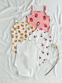SHEIN 4件套女婴休闲印花纯色连体衣 - 彩色 - 查看 2