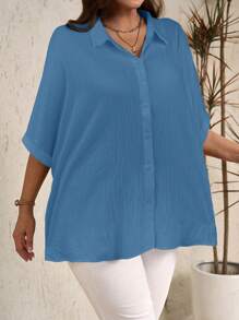 EMERY ROSE Plus Size Casual Solid Color Batwing Sleeve Shirt - Baby Blue - View 3