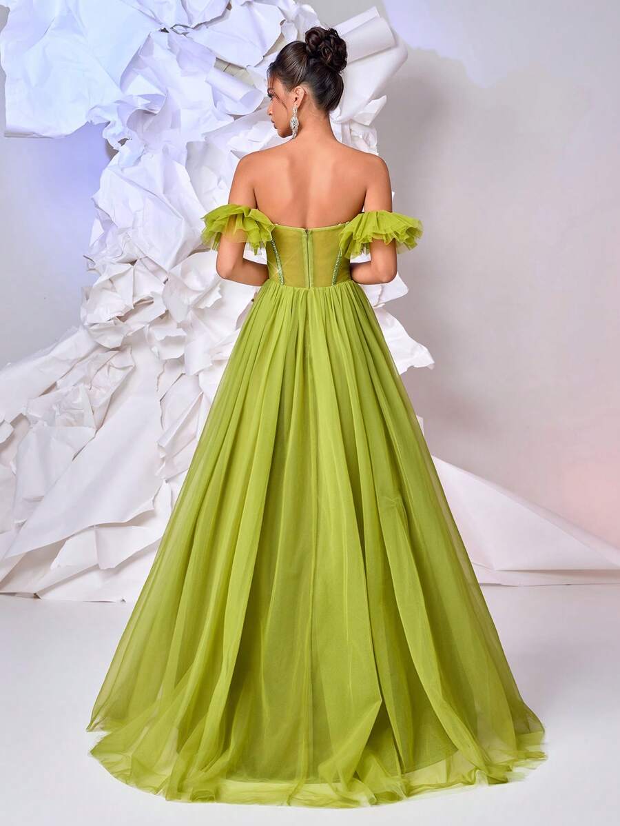 Glamrae Elegant Yellow-Green Mesh Prom Dress,Luxurious Sequin Stitching Fishbone Waist Oversized Skirt With Train,Formal Dinner Wedding Birthday Party Gown