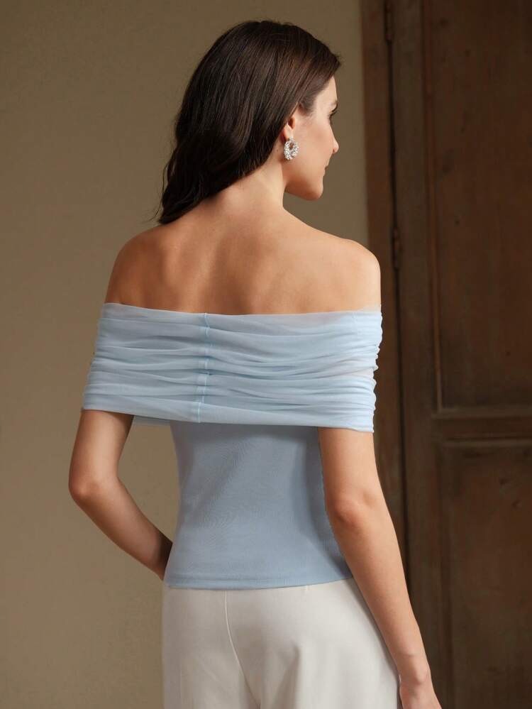 女性用 オフショルダー メッシュ スプライス フィッテッドウエスト ブラウストップ エレガント