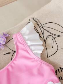 SHEIN Traje de baño de una pieza con mangas cortas y decoración de gato hueco para niñas jóvenes