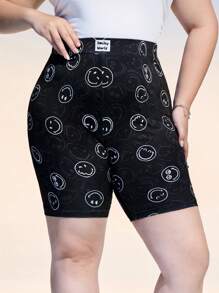 SmileyWorld® | SHEIN Plus Size Patched Smiling Face Pattern Cycling Shorts Summer / Summer Outfits For Women/ Summer Clothes Summer Pants Black Leggings Rave Outfits Festival/ Rave/Festival/ Rave Outfits/ Festival Outfits For Women/ Country Concert Outfit/ Festival Outfits/ Concert/ C Concert Outfit Women/ Concert Outfits For Women/Rave Outfit/Rave Top