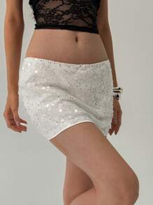 Aloruh Mini-jupe moulante pour soirée basse taille femme en maille pailletée et brillante - Blanc - Voir 5