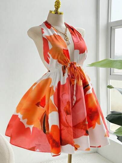 Ceyna Robe de vacances sexy à imprimé intégral avec liens au cou en grandes tailles