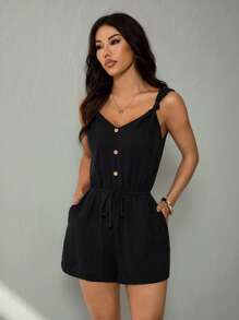 SHEIN PETITE Sleeveless Casual Jumpsuit, Fashionable For Summer - Black - View 1