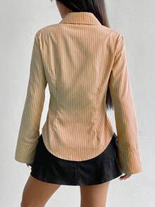 Flirla Women's Long Sleeve Single-Breasted Casual Fitted Striped Shirt - Orange - View 2