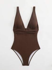Swim Vcay Solid Color Deep V-Neck Ribbed Seamless One-Piece Swimsuit For Summer Beach Vacation - Coffee Brown - View 4