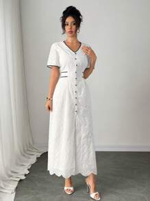 Chiquease Women's V-Neck Embroidered Crochet Colorblock Hem Slit Dress - Black and White - View 6