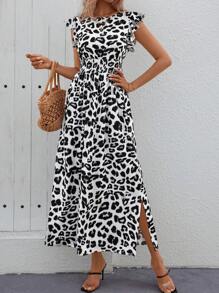 SHEIN LUNE Leopard Print Ruffle Trim Split Thigh Dress Maxi Women Outfit - White - View 6