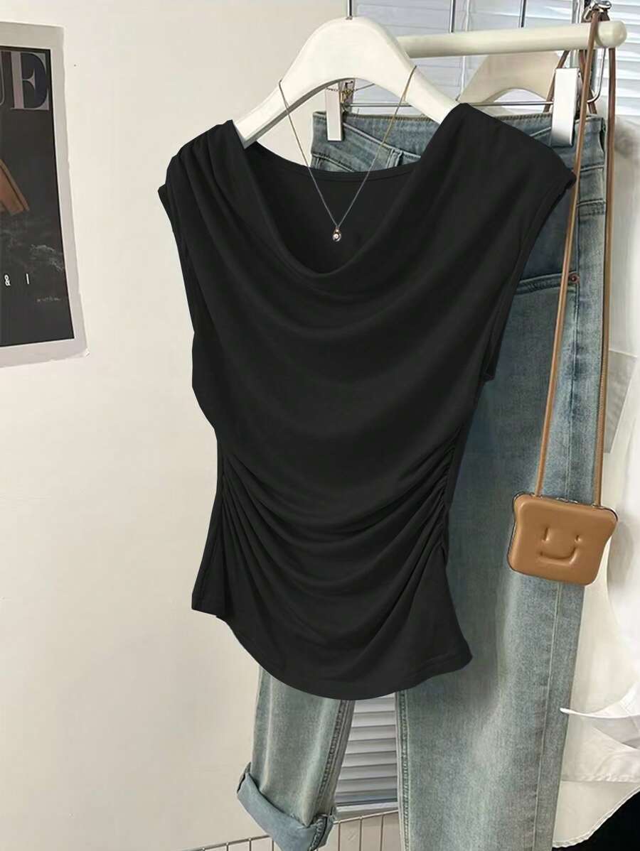 SHEIN 大码纯色黑色休闲褶饰落肩不对称下摆 T 恤,夏季 - 黑色 - 查看 1