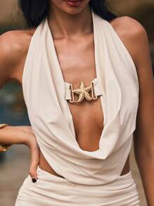 Poéselle Vestido con cuello drapeado, espalda descubierta y tirantes anudados, estilo bohemio para la playa, para mujeres - Albaricoque - Ver 3