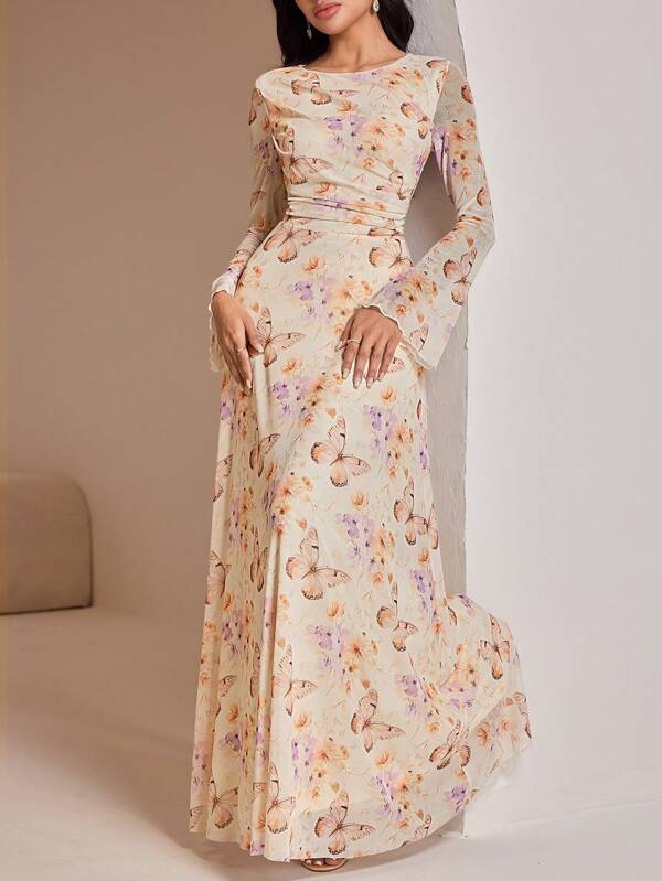 Veilorie Damen Kleid mit Langarm und Schmetterlings-Muster