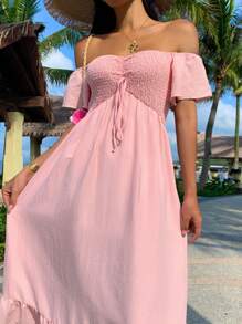 Breezaya 女士纯色荷叶边露肩度假长裙海滩度假装 - 粉色 - 查看 6