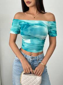 SHEIN Unity 女士扎染露肩褶饰短袖T恤 - 薄荷藍 - 查看 3