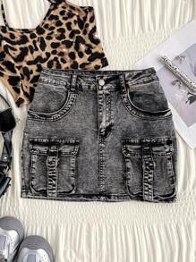 Attitoon Falda vaquera de carga tipo cowboy de estilo grunge Y2K - Gris Oscuro - Ver 1