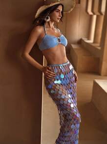 MOTF PREMIUM SHEER CONTRAST SEQUIN COVER UP SKIRT FOR SUMMER BEACH VACATION - Blue - View 6