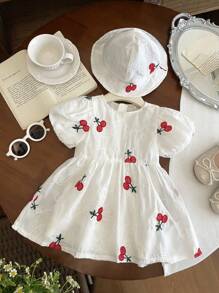 Baby Girls 0-3 Years Old Spring/Summer Cute Playful Daily Outing Cherry Embroidery Puff Sleeve Dress + Hat - White - View 5