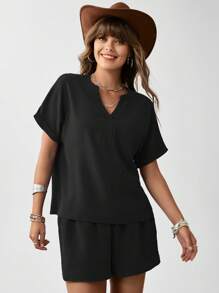 SHEIN LUNE Women's Solid Color Loose Fit Casual 2-Piece Set Shorts Summer Sets - Black - View 5