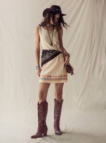 SHEIN LUNE 夏季休閒無袖坦克裙,幾何圖案,適用於海灘度假 - 杏色 - 查看 3