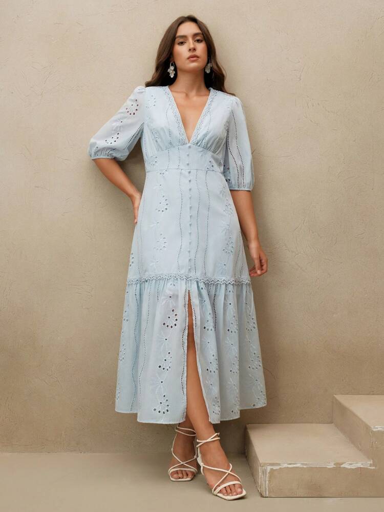 Summer New Design V-Neck Hollow Out Embroidery Solid Color Puff Sleeve Plus Size Dress
