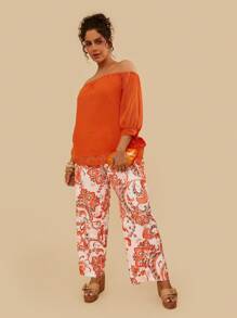 Travachic 2 件套大码纯色露肩长袖上衣和裤子 - 橘色 - 查看 4