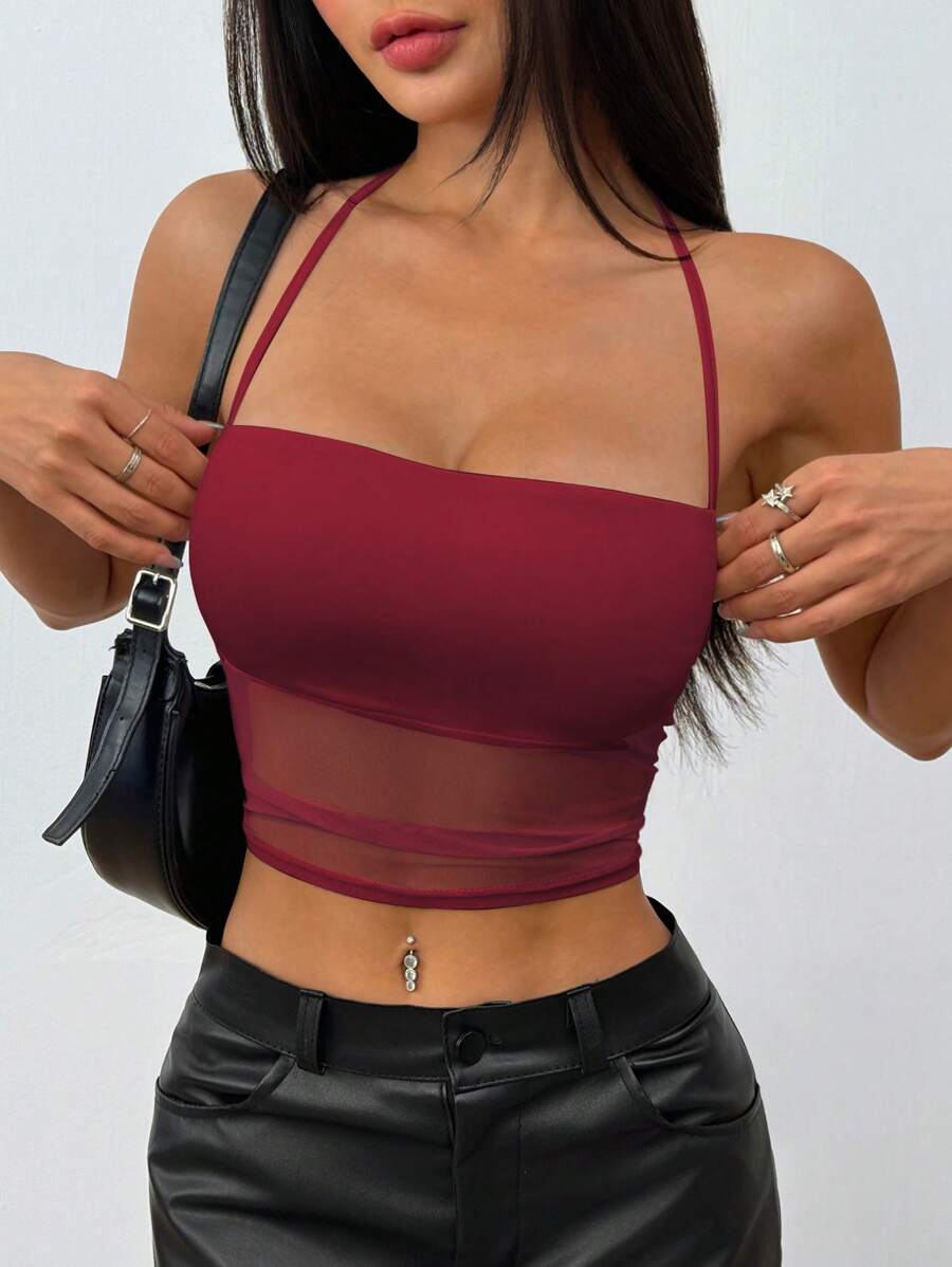 EgrlEra Parte superior casual de mujer con cuello de halter de encaje y malla translúcida empalmada - Burdeos - Ver 1