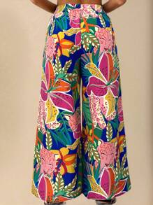 Travachic Quần ống rộng lưng thun in họa tiết cây nhiệt đới cỡ lớn cho nữ - Xanh đậm - Xem 2