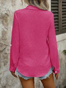 EMERY ROSE Camisa minimalista de manga larga, unicolor, con bolsillo y abotonadura, informal - Rosa Fucsia - Ver 2