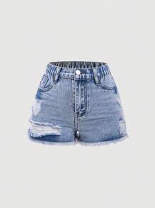 Girls Casual Asymmetrical Distressed Hem Blue Denim Pants Tween Girl Clothes 14y Tween Kid Girl Clothes Tween Clothes Girls Summer Tween Summer Clothes Girls Tween Summer Cloths Young Girls Sets Summer Young Girls Sets Shorts Jean Jean Shorts For Teens Summer Summer Clothes For Teens Shorts, School, Campus, College