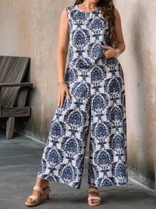 EMERY ROSE 大码女式阔腿裤和背心两件套，夏季印花圆领无袖