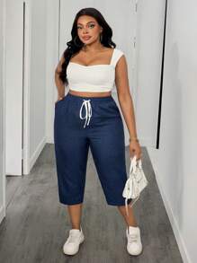 SHEIN PETITE CURVE Plus Drawstring Waist Capris Pants For Summer Vacation,Summer Pants Teacher,Pocket, Spring, Graduation Ceremony, Casual, Blue - Navy Blue - View 5