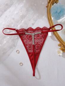 1pc Solid Color Lace Scalloped Edge G-String Panties Lingerie For Women, Sexy