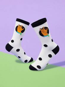 SCOOBY-DOO X SHEIN 1 Pair Women's Polka Dot & Cartoon Puppy Pattern Fashionable Cute Crew Socks