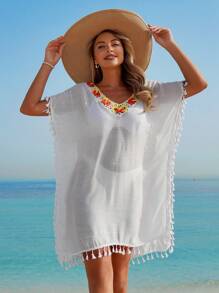 Swim Lushoire Beach Vacation Contrast Crochet Batwing Sleeves V-Neck Fringe Trim Beach Cover Up Dress For Women For Summer - White - View 3