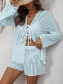 Swim Lushoire 2pcs Women's Vacation Textured Fabric Bowknot Swimsuit Cover Up For Summer - Baby Blue - View 4