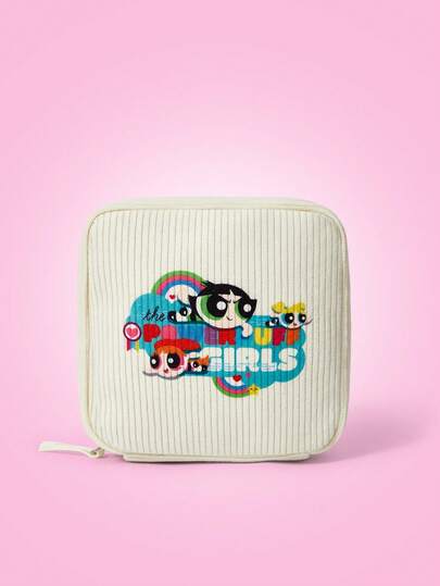 THE POWERPUFF GIRLS X SHEIN 花朵、泡泡、毛茛图案灯芯绒时尚便携式卫生巾袋