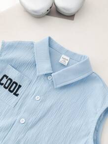 SHEIN 3pcs Toddler Boys' Summer Outfit Set With Sleeveless Letter Print Top, Elastic Waist Shorts, And Necktie