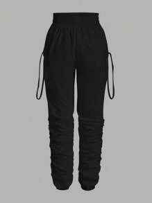 SHEIN PETITE Women's Casual Solid Color Drawstring Cargo Pants - Black - View 2