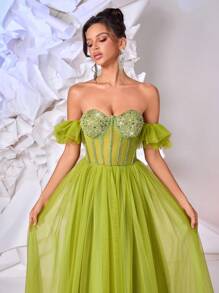 Glamrae Elegant Yellow-Green Mesh Prom Dress,Luxurious Sequin Stitching Fishbone Waist Oversized Skirt With Train,Formal Dinner Wedding Birthday Party Gown - Olive Green - View 5