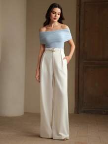 Anewsta Elegant Off-Shoulder Mesh Splice Fitted Waist Blouse Top For Women