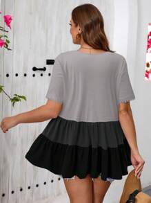 SHEIN VCAY 女士加大码撞色蕾丝边短袖宽松T恤，夏季休闲装