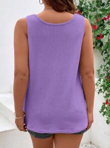 SHEIN VCAY Áo ba lỗ cổ tròn màu trơn cỡ lớn cài nút phía trước thường ngày đi nghỉ - Màu Lilac Tím - Xem 2